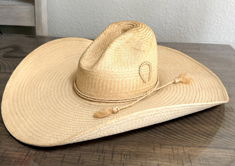 Vintage El Costeño Palm Straw Cowboy Hat Wide Brim Ranch Mexico Acatlan Gro